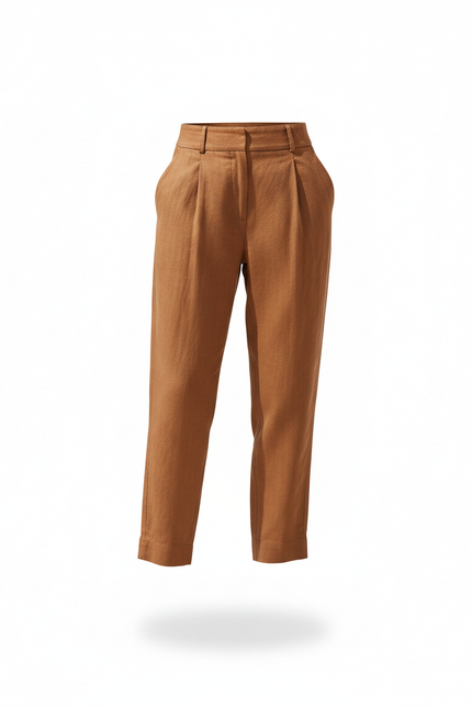 Pantalon En Lin Marron Plissé Taille Haute Ample - vue 3