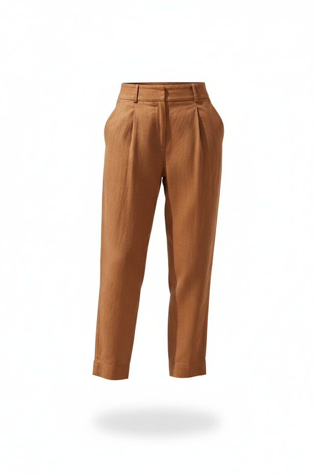 Pantalon En Lin Marron Plissé Taille Haute Ample - vue 3