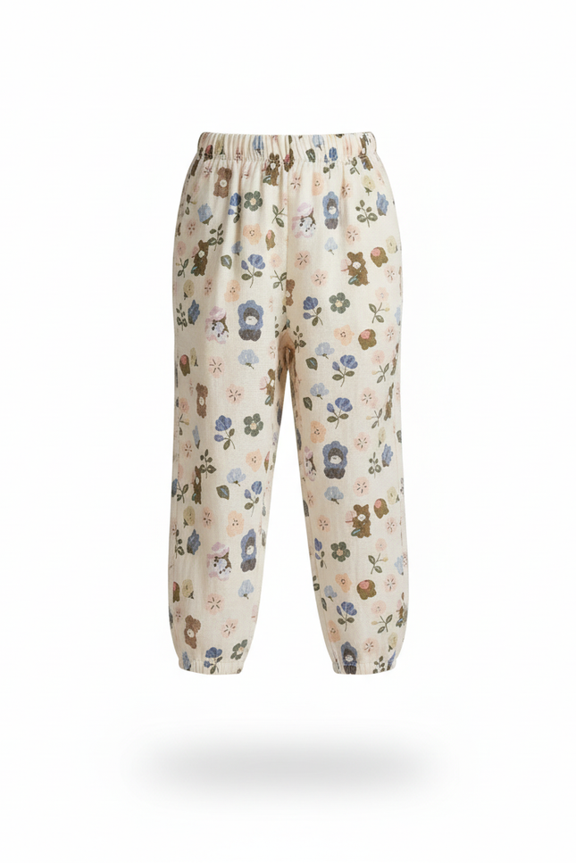 Pantalon En Lin Crème Ample Imprimé Floral Enfant - Beige - vue 3