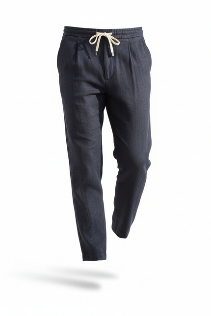 Pantalon En Lin Bleu Marine Plissé Cordon Décontracté Homme - vue 3