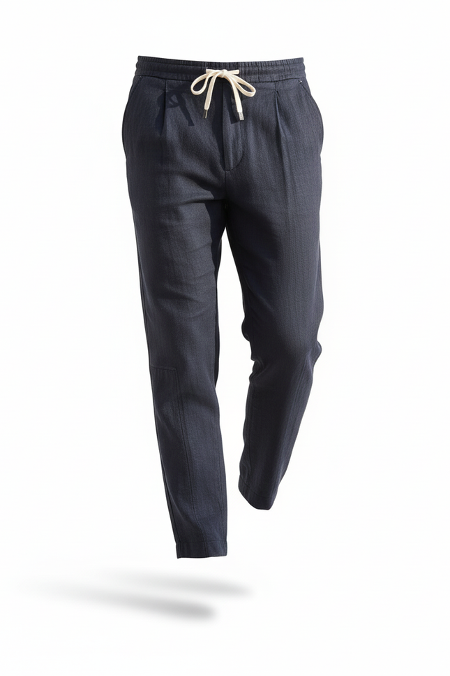 Pantalon En Lin Bleu Marine Plissé Cordon Décontracté Homme - vue 3