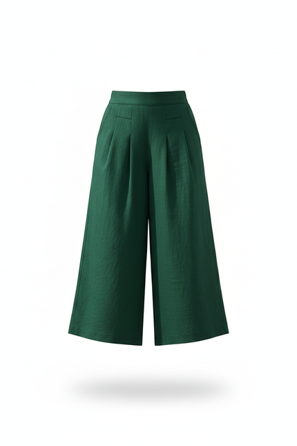 Pantalon En Lin Vert Ample Plissé Élégant Femme - vue 3
