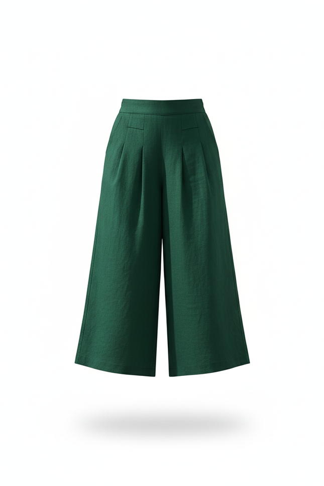 Pantalon En Lin Vert Ample Plissé Élégant Femme - vue 3