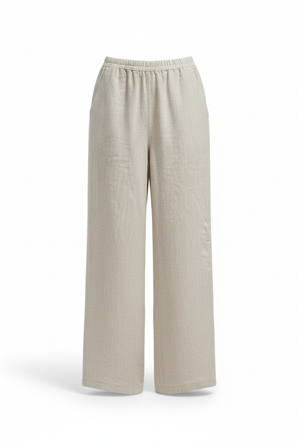 Pantalon En Lin Ample Élastique Femme Beige Décontracté - vue 3