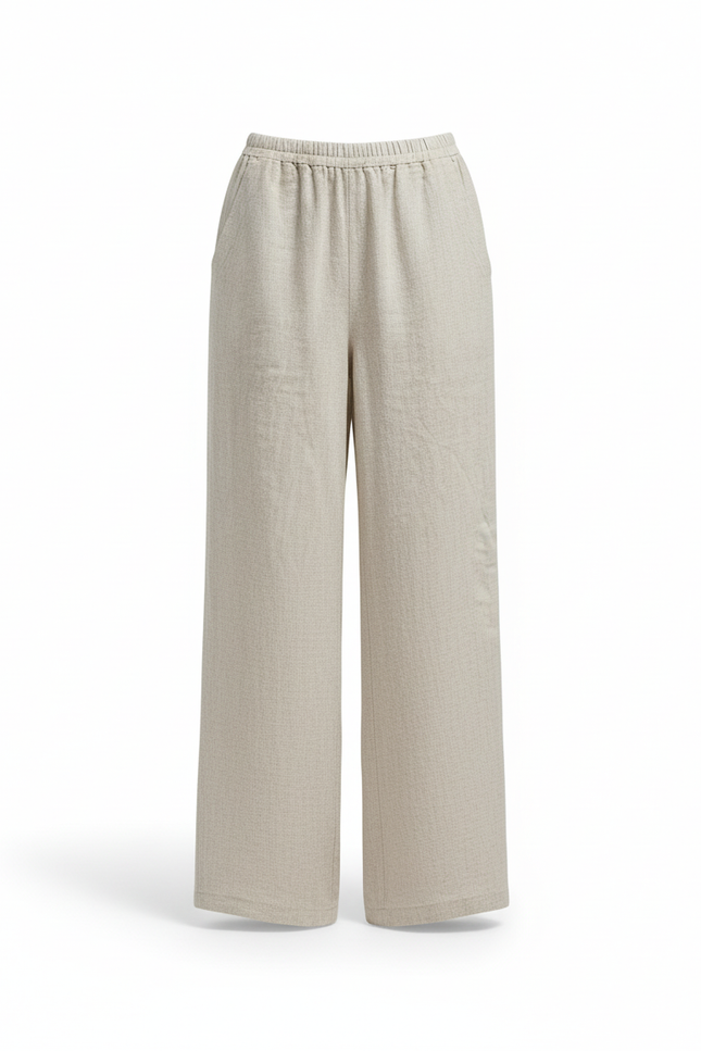 Pantalon En Lin Ample Élastique Femme Beige Décontracté - vue 3