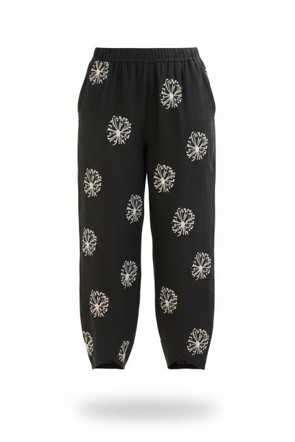 Pantalon En Lin Noir Imprimé Ample Décontracté Femme - vue 3