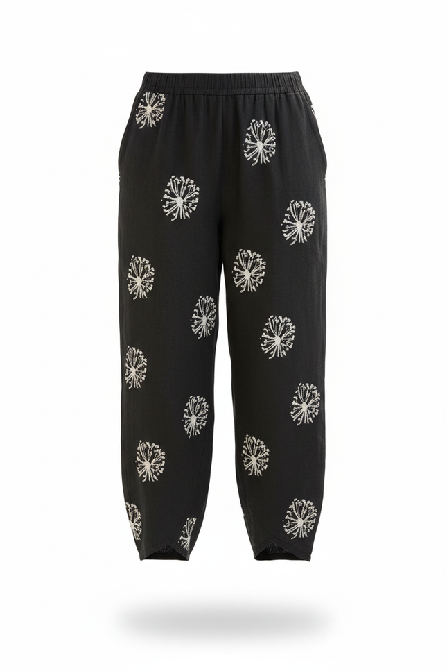 Pantalon En Lin Noir Imprimé Ample Décontracté Femme - vue 3