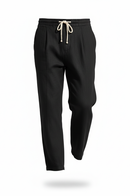 Pantalon En Lin Noir Ample Décontracté Cordon Homme - vue 3