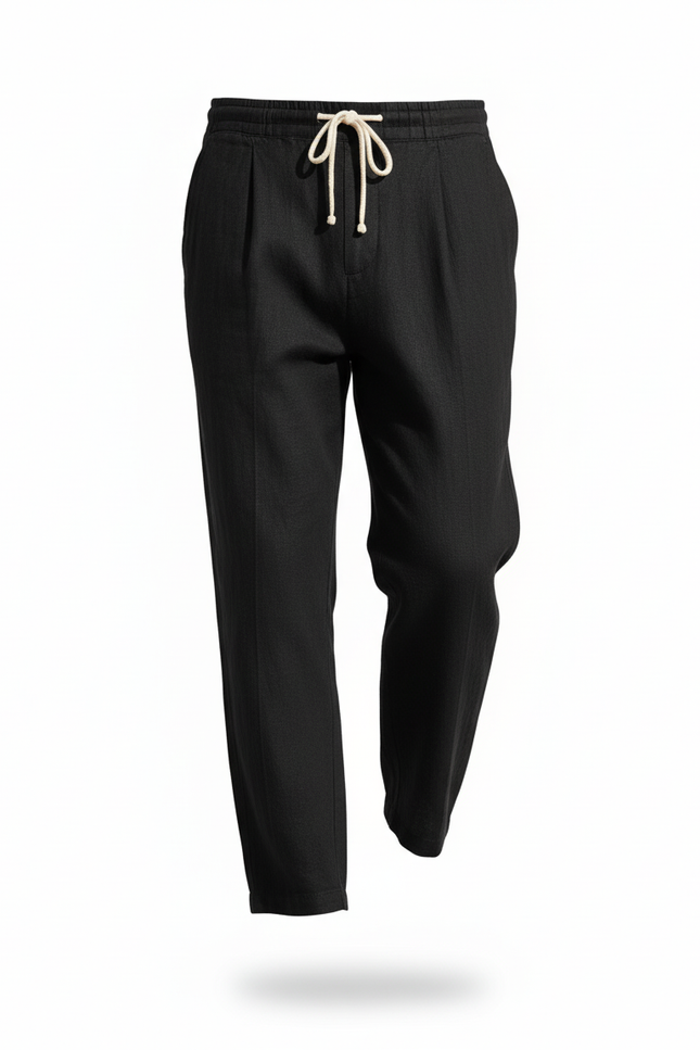Pantalon En Lin Noir Ample Décontracté Cordon Homme - vue 3