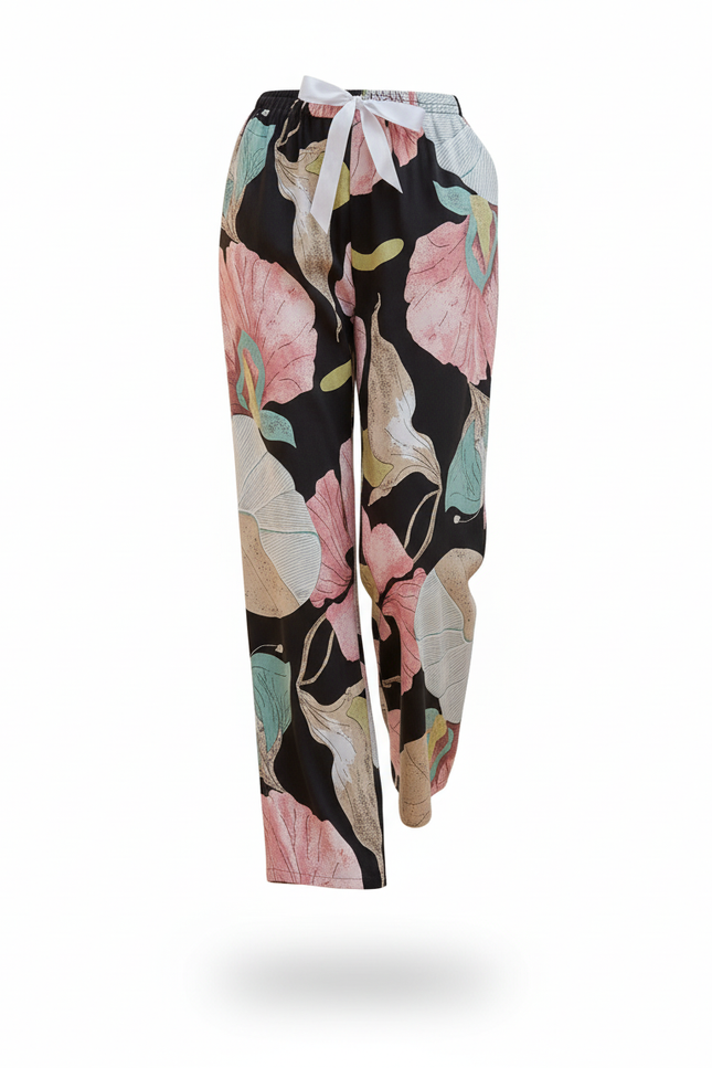 Pantalon En Lin Fluide Imprimé Floral Ample Estival Noir - vue 3