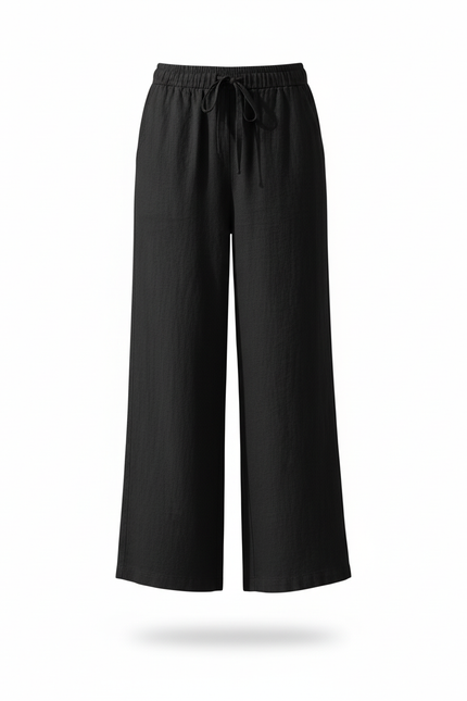 Pantalon En Lin Noir Ample Fluide Taille Haute Femme - vue 3