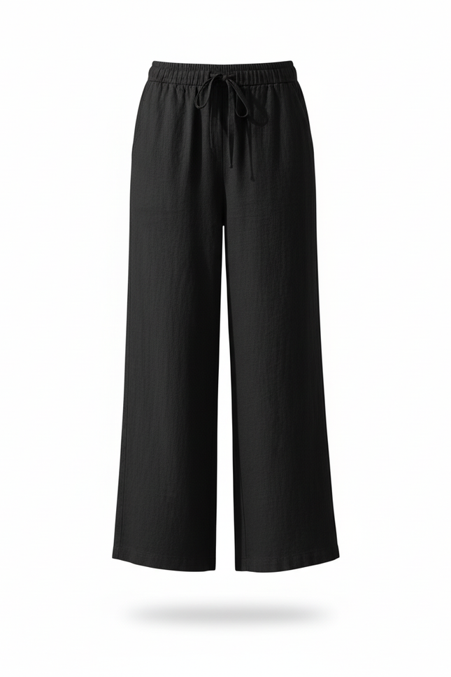 Pantalon En Lin Noir Ample Fluide Taille Haute Femme - vue 3