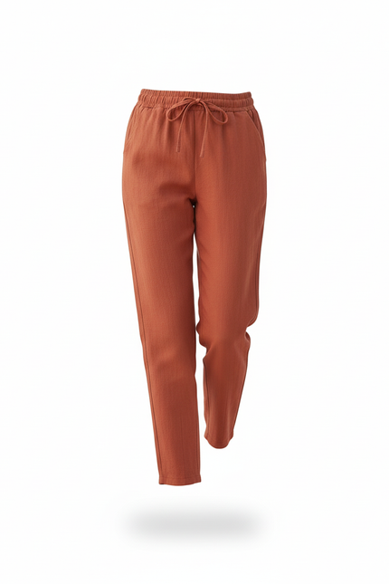 Pantalon En Lin Terracotta Décontracté Élastique Femme - Orange - vue 3
