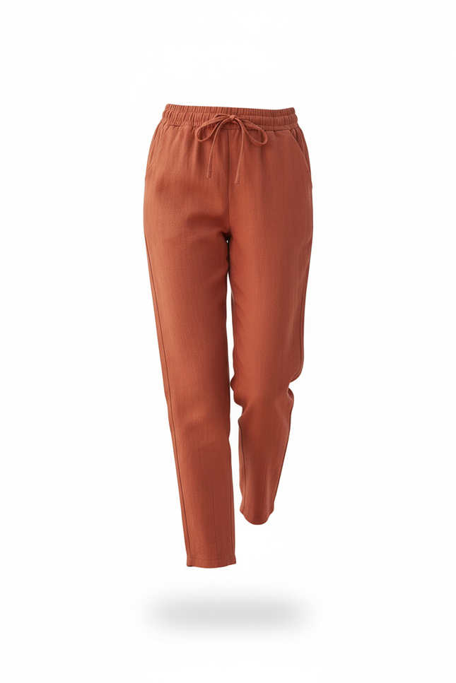 Pantalon En Lin Terracotta Décontracté Élastique Femme - Orange - vue 3