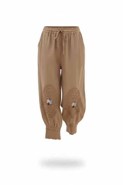 Pantalon En Lin Harem Brodé Ample Femme Décontracté - Kaki - vue 3