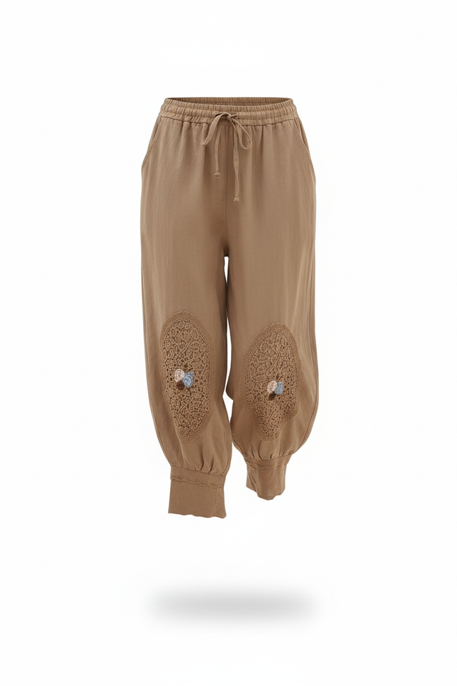Pantalon En Lin Harem Brodé Ample Femme Décontracté - Kaki - vue 3