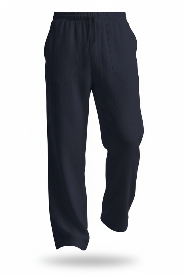 Pantalon En Lin Bleu Marine Ample Droit Homme - vue 3