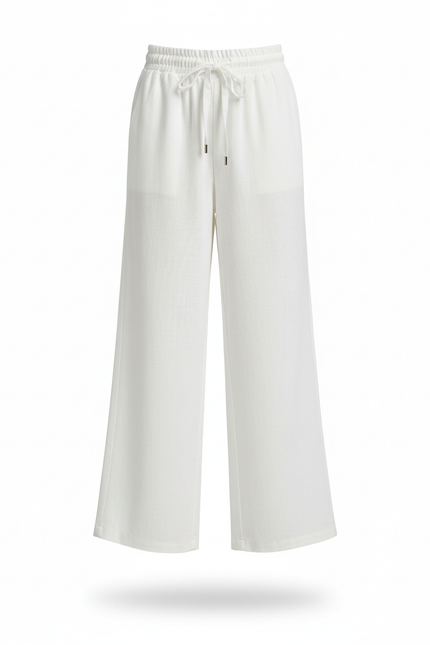Pantalon En Lin Blanc Ample Taille Élastique Fille - vue 3