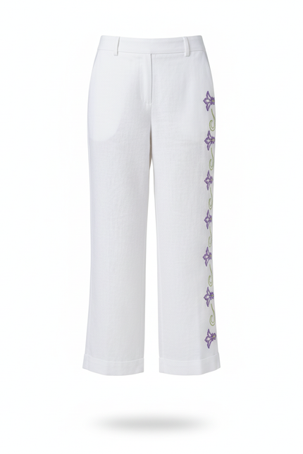 Pantalon En Lin Blanc Brodé Floral Ample Élégant - vue 3