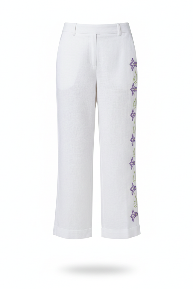 Pantalon En Lin Blanc Brodé Floral Ample Élégant - vue 3