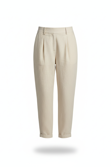 Pantalon En Lin Beige Ample Taille Haute Femme - vue 3
