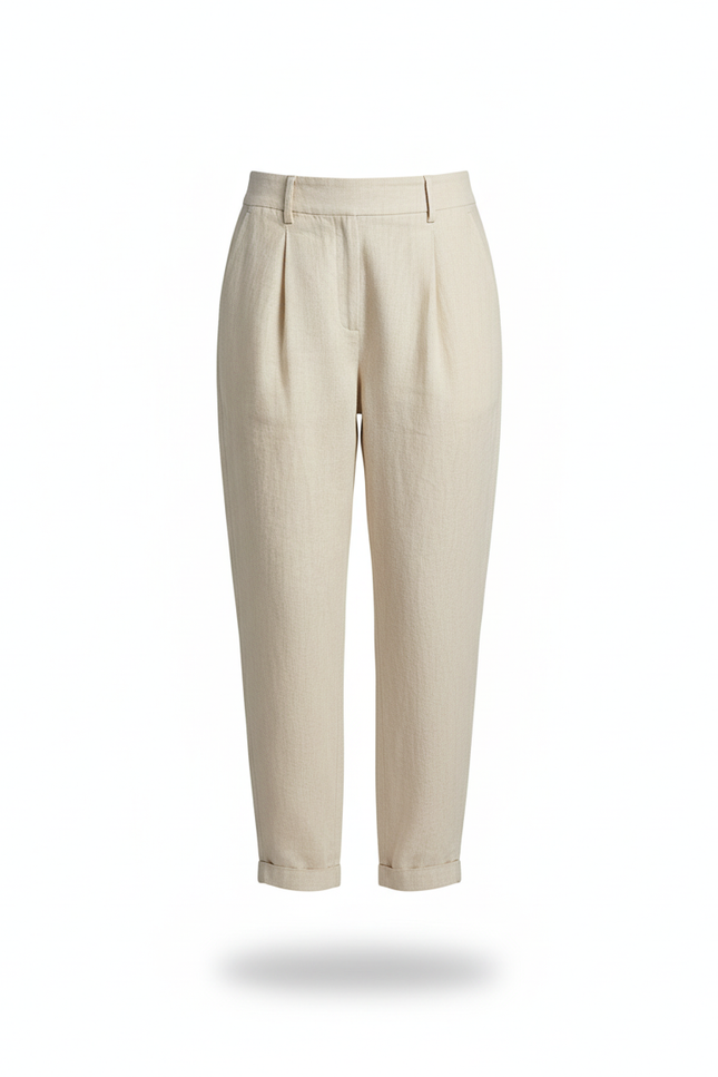 Pantalon En Lin Beige Ample Taille Haute Femme - vue 3