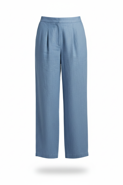 Pantalon En Lin Bleu Ample Plissé Taille Haute Fluide - vue 3