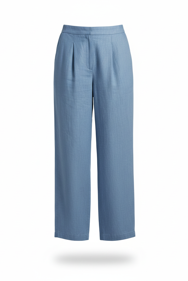 Pantalon En Lin Bleu Ample Plissé Taille Haute Fluide - vue 3