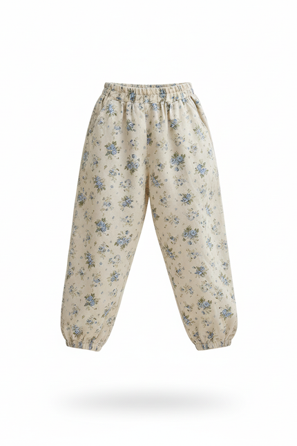 Pantalon En Lin Ample Écru Imprimé Floral Enfant - vue 3