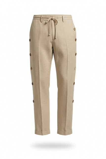 Pantalon En Lin Beige Ample Boutons Latéraux Décontracté - vue 3