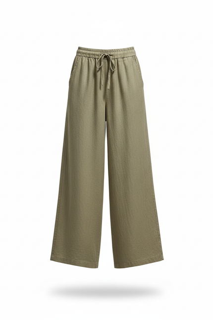 Pantalon En Lin Kaki Ample Fluide Taille Haute Femme - vue 3