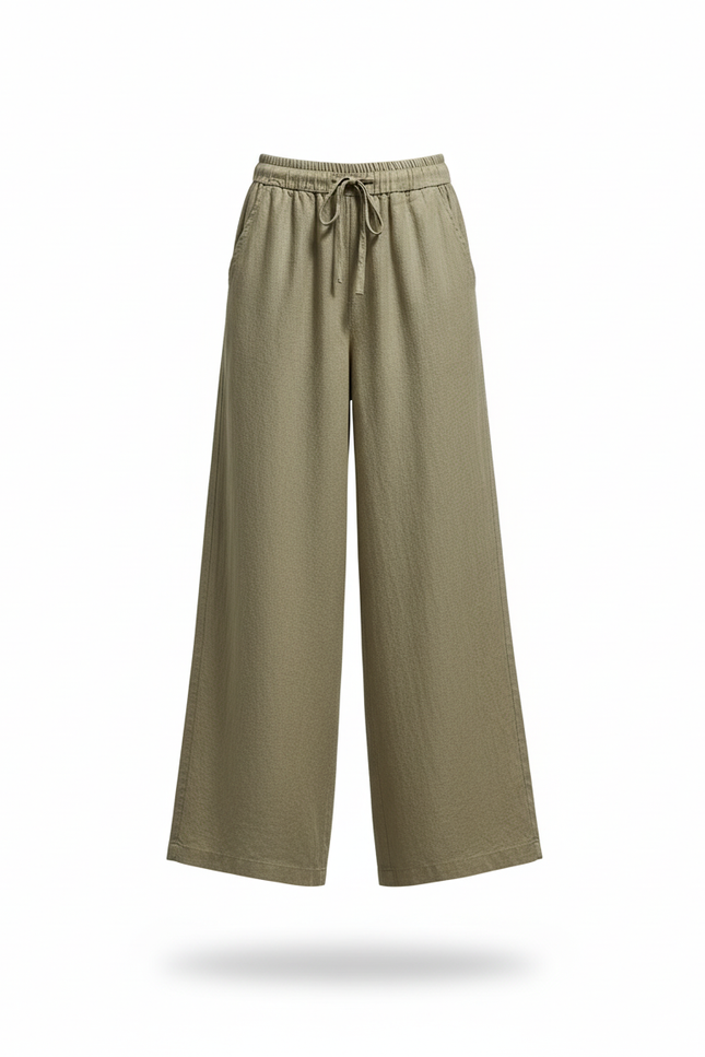 Pantalon En Lin Kaki Ample Fluide Taille Haute Femme - vue 3