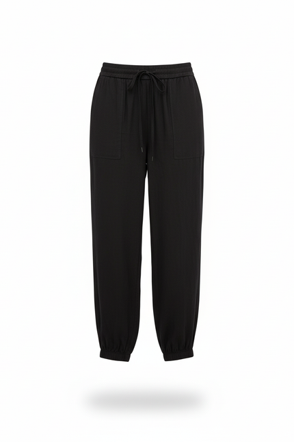 Pantalon En Lin Noir Ample Cordon Chevilles Élastiquées - vue 3