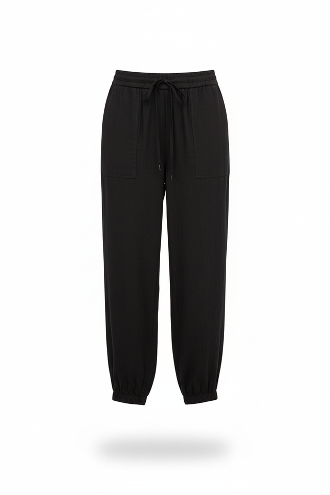 Pantalon En Lin Noir Ample Cordon Chevilles Élastiquées - vue 3