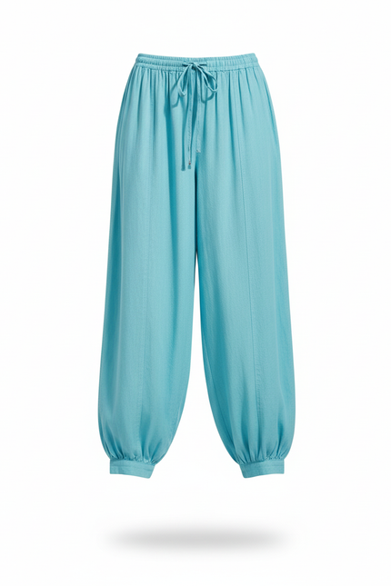 Pantalon En Lin Turquoise Ample Fluide Décontracté Femme - Bleu - vue 3