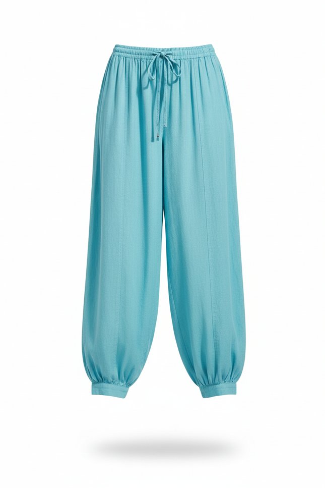Pantalon En Lin Turquoise Ample Fluide Décontracté Femme - Bleu - vue 3