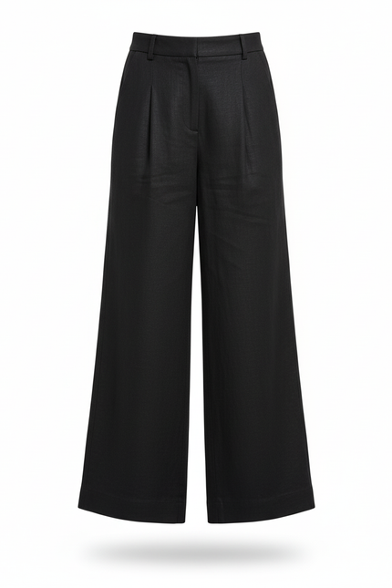 Pantalon En Lin Noir Ample Plissé Décontracté Élégant - vue 3