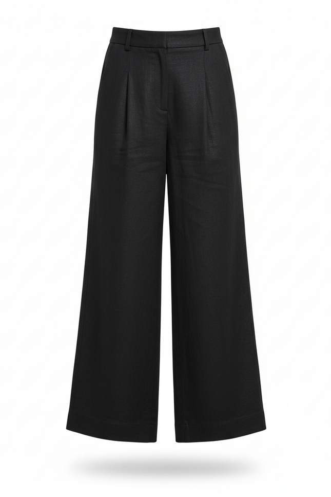 Pantalon En Lin Noir Ample Plissé Décontracté Élégant - vue 3