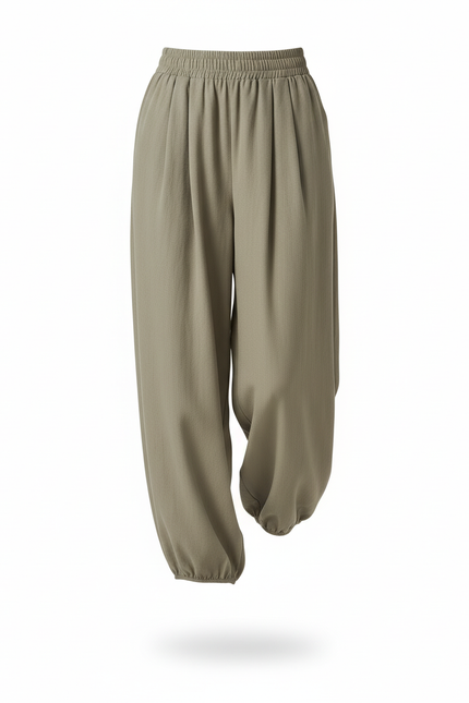 Pantalon En Lin Ample Taille Élastique Confortable Vert Kaki - vue 3