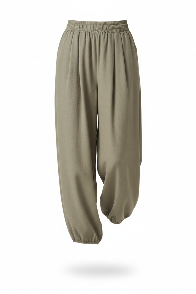 Pantalon En Lin Ample Taille Élastique Confortable Vert Kaki - vue 3