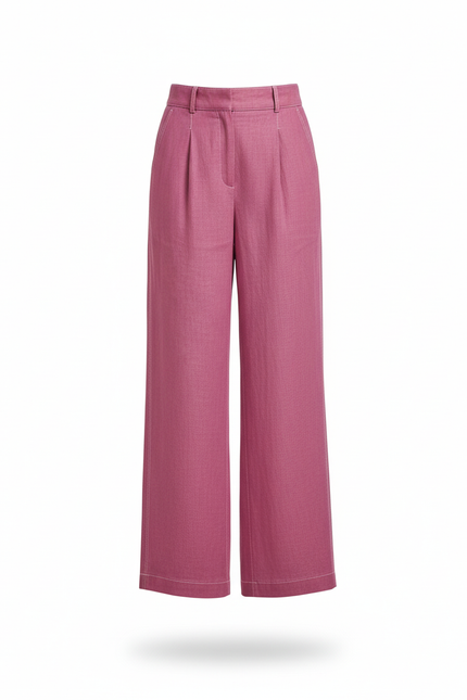 Pantalon En Lin Fuchsia Ample Taille Haute Fluide - Rose - vue 3
