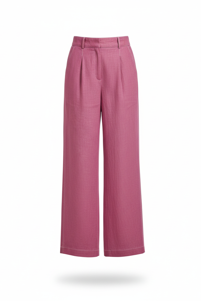 Pantalon En Lin Fuchsia Ample Taille Haute Fluide - Rose - vue 3