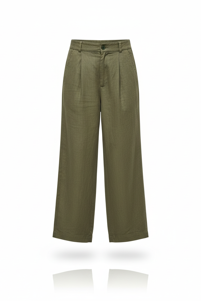 Pantalon En Lin Vert Ample Plissé Enfant Décontracté - Kaki - vue 3