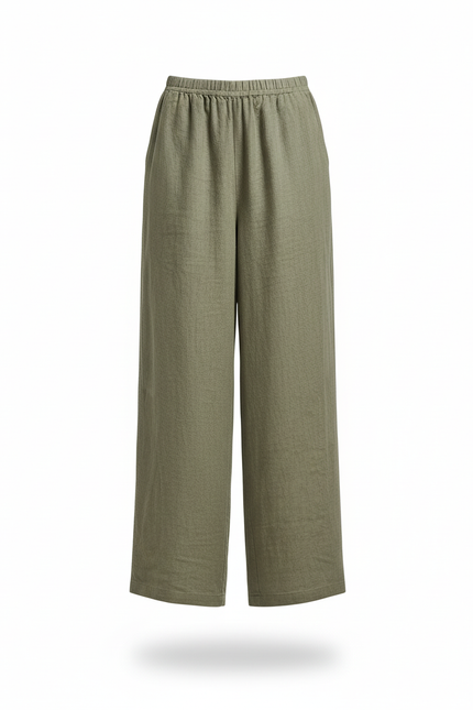 Pantalon En Lin Ample Vert Femme Décontracté Fluide - Kaki - vue 3