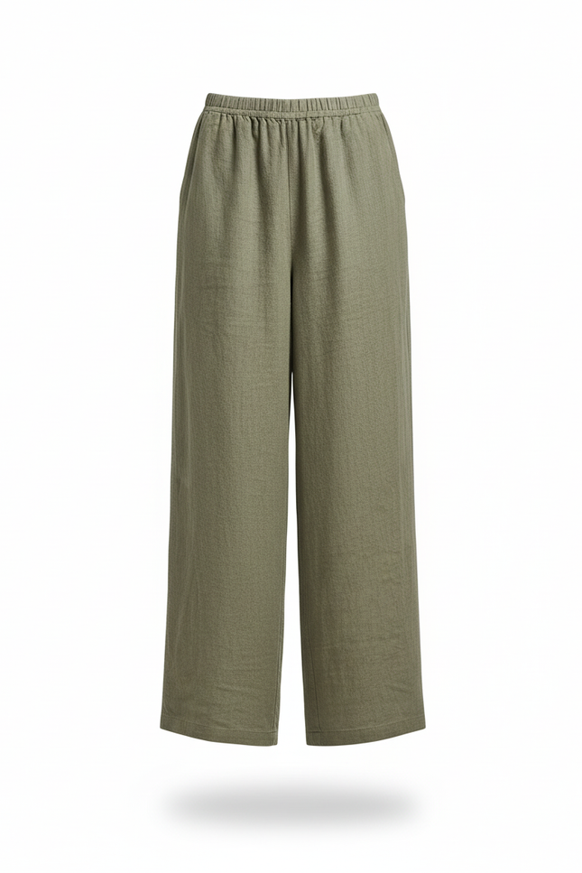 Pantalon En Lin Ample Vert Femme Décontracté Fluide - Kaki - vue 3