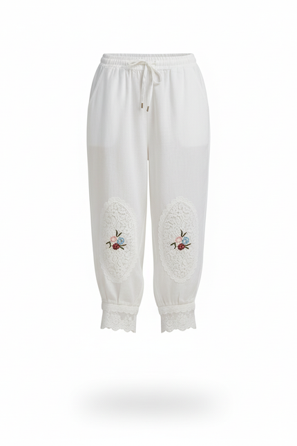 Pantalon En Lin Blanc Brodé Ample Décontracté Femme - vue 3