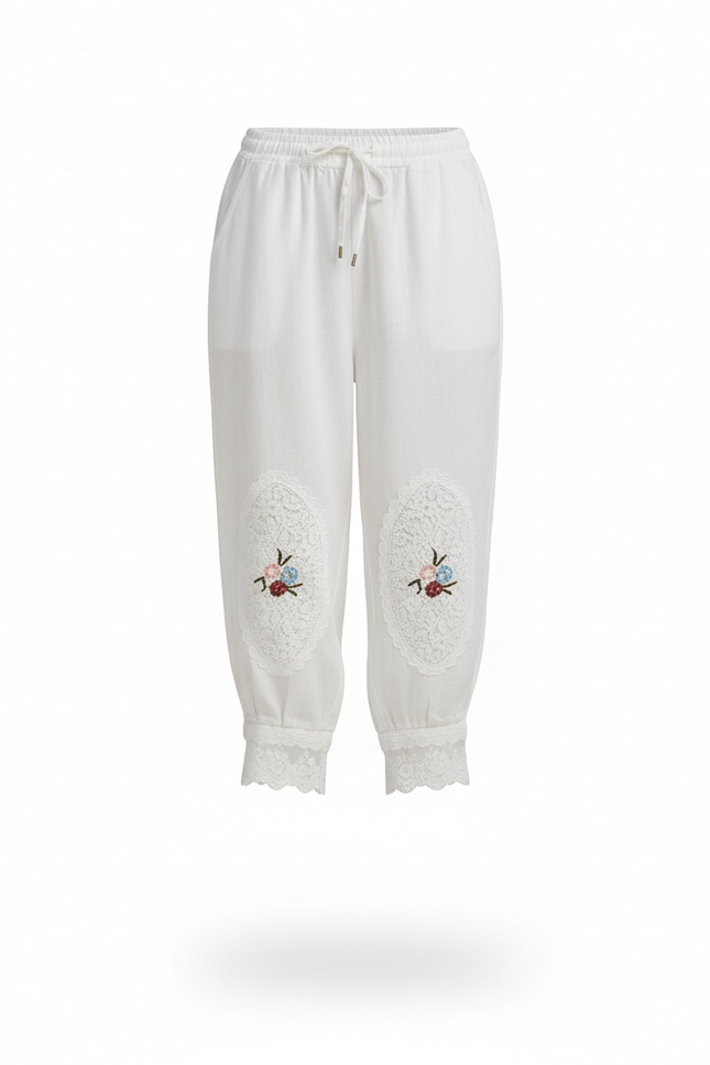Pantalon En Lin Blanc Brodé Ample Décontracté Femme - vue 3