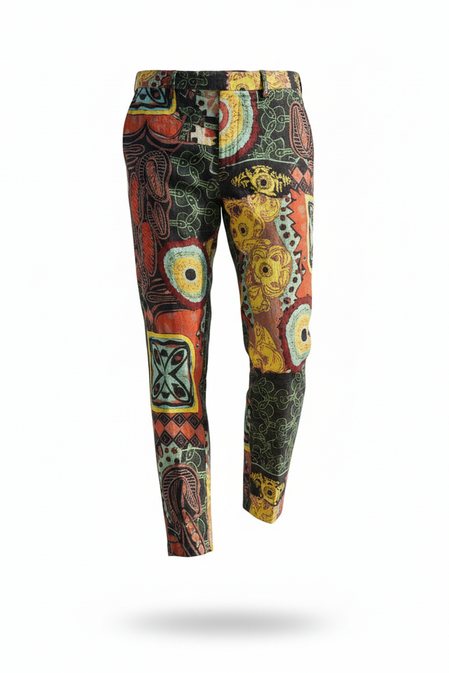 Pantalon En Lin Imprimé Ethnique Multicolore Coupe Slim Homme - vue 3