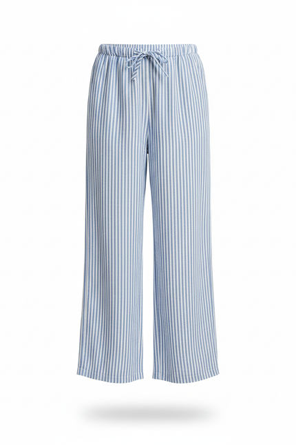 Pantalon En Lin Rayé Bleu Blanc Fluide Décontracté Fille - vue 2