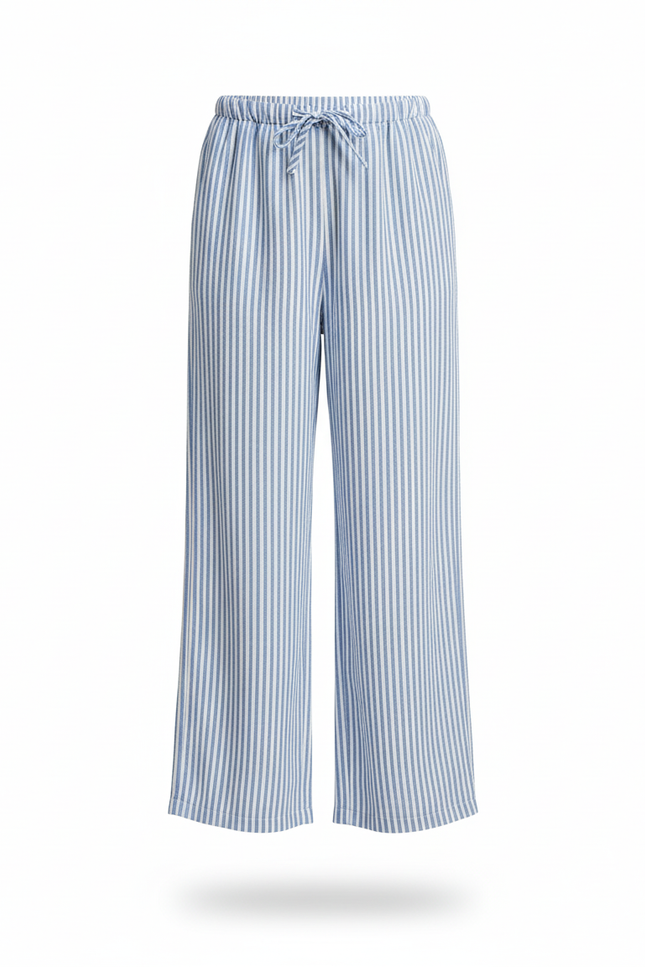 Pantalon En Lin Rayé Bleu Blanc Fluide Décontracté Fille - vue 2